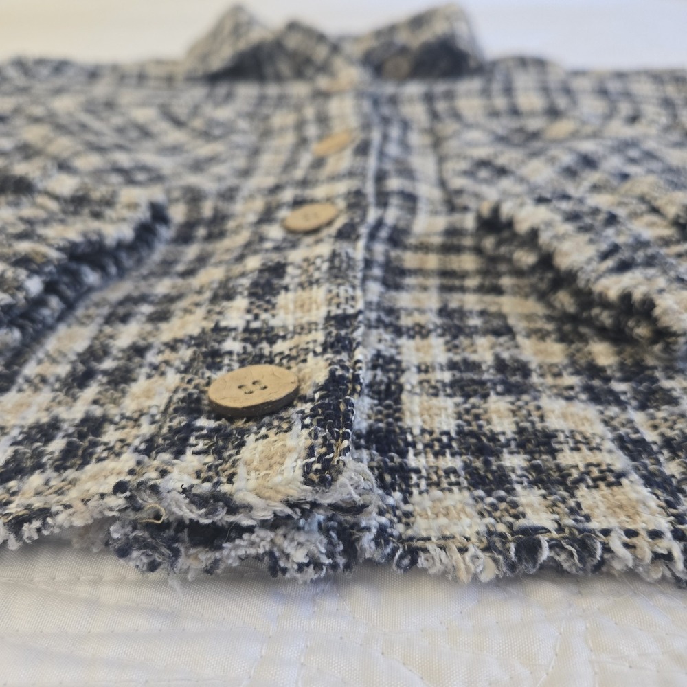 Zara Tweed Plaid Cropped Jacket Button Up Collared Navy Cream Frayed Hem Small‎ - Picture 7 of 16
